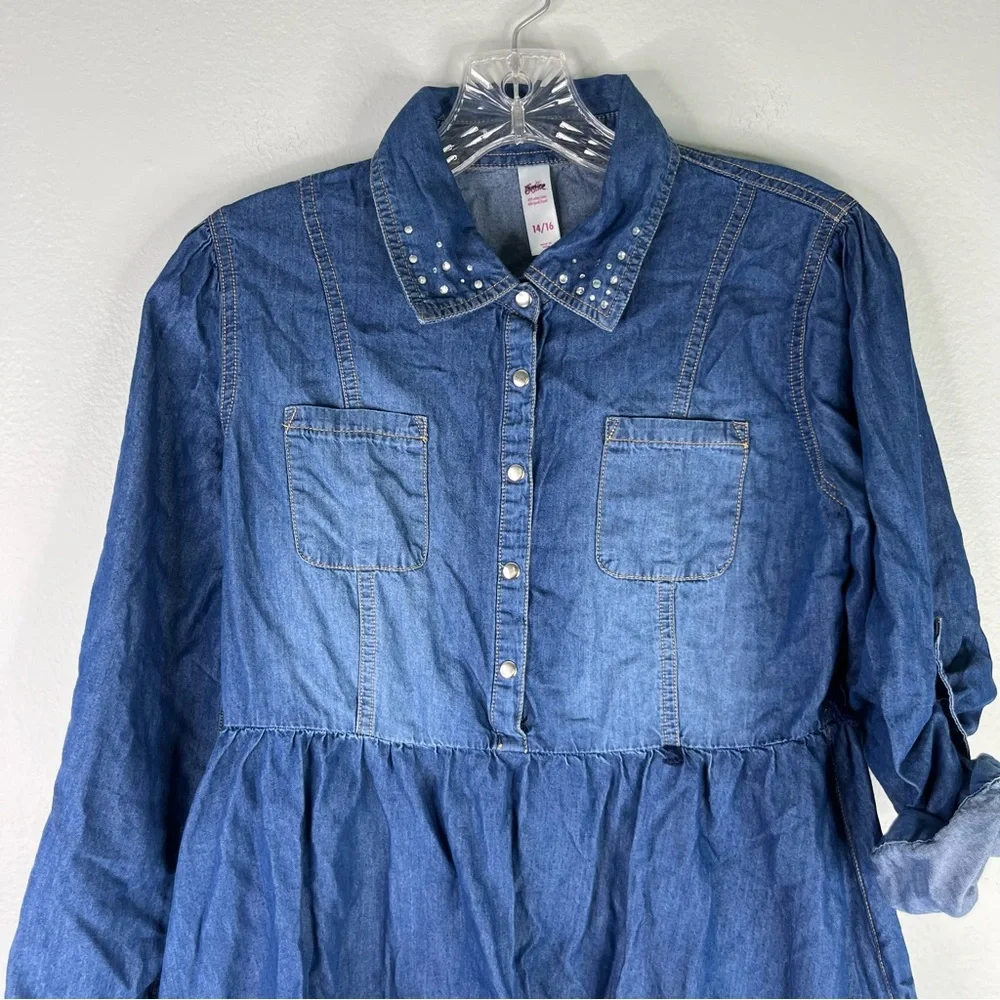 Justice Dress Girls 14/16 Blue Denim Chambray Embellished‎ Collar Roll Up Sleeve
